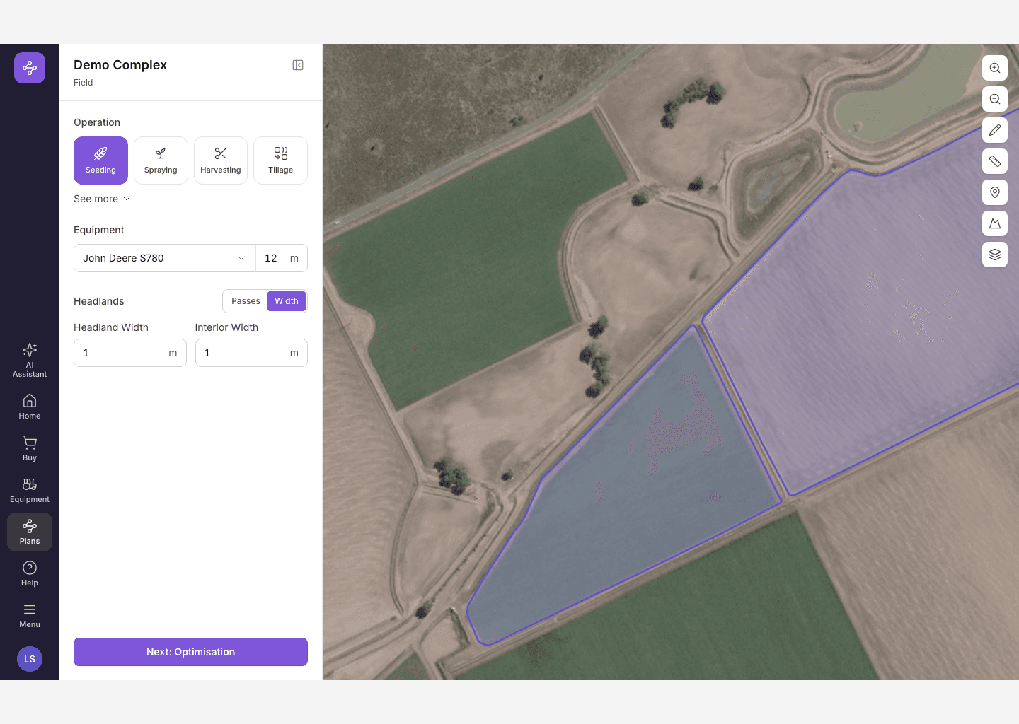The redesigned setup screen, with the operation picked from a row, equipment and headlands grouped, and the field carried on the map.