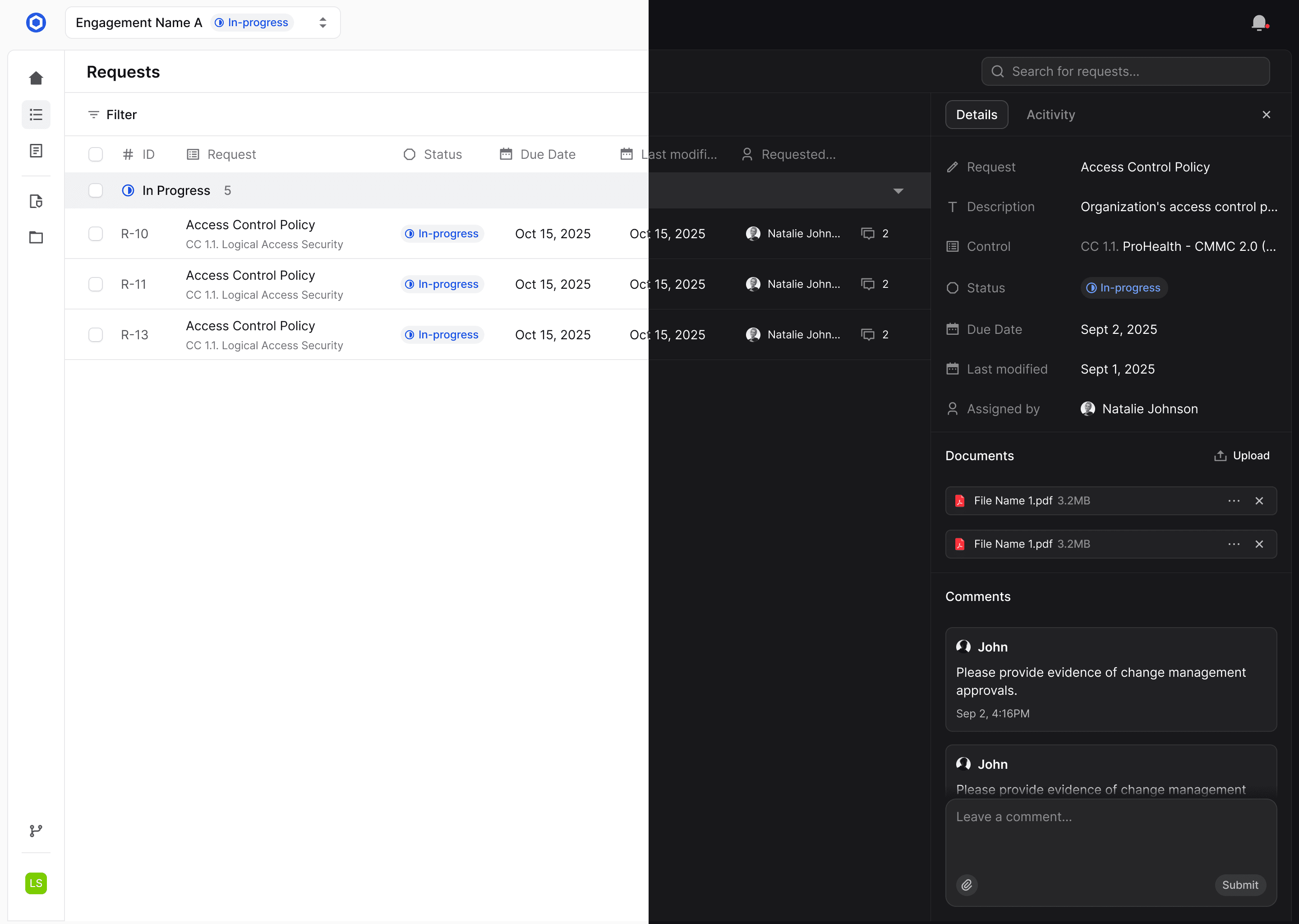 The requests table in light and dark side by side, with the request detail panel open showing its control, status, documents and comments.