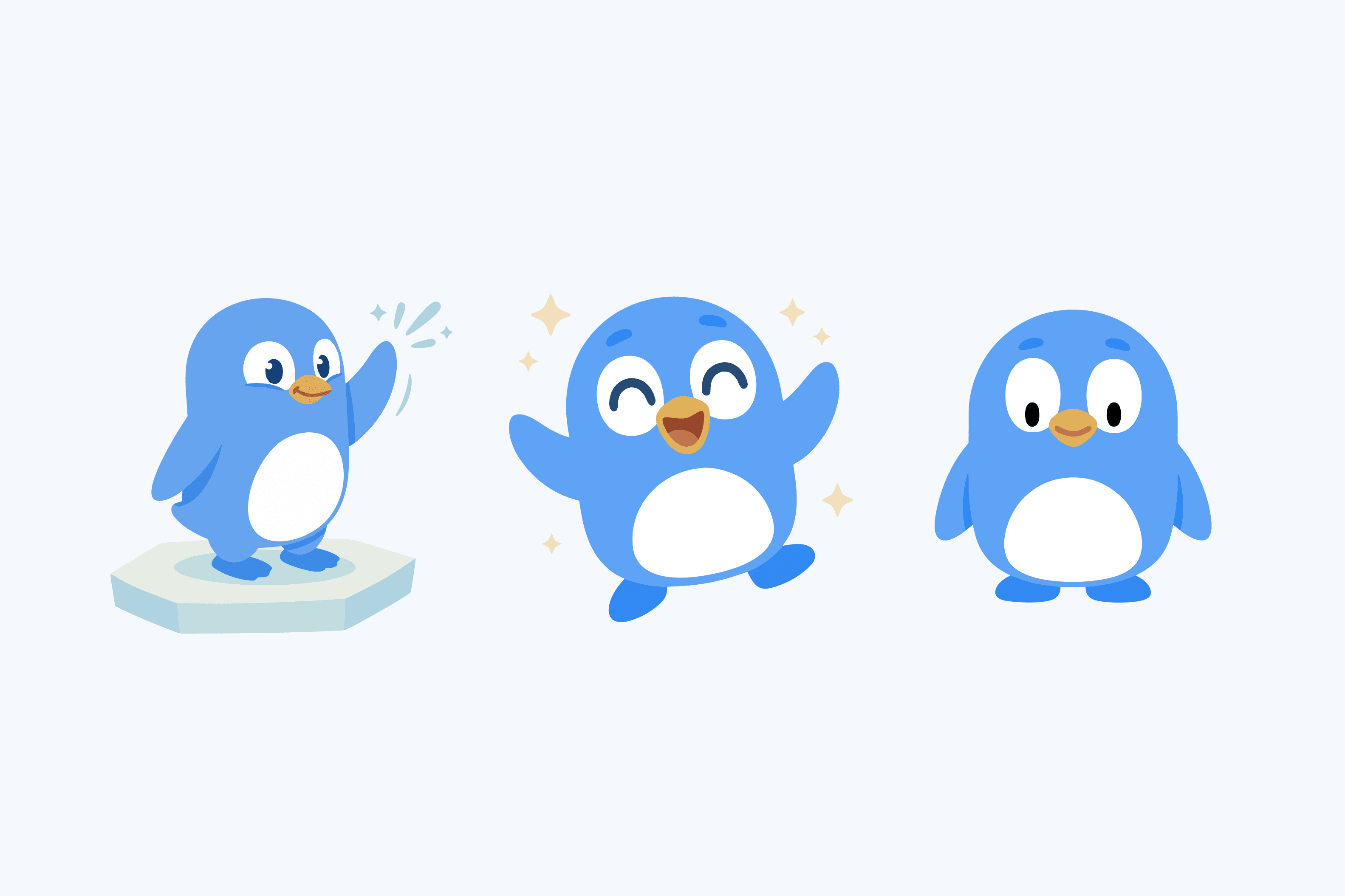 Three poses of the Peggy penguin, used across onboarding and empty states.