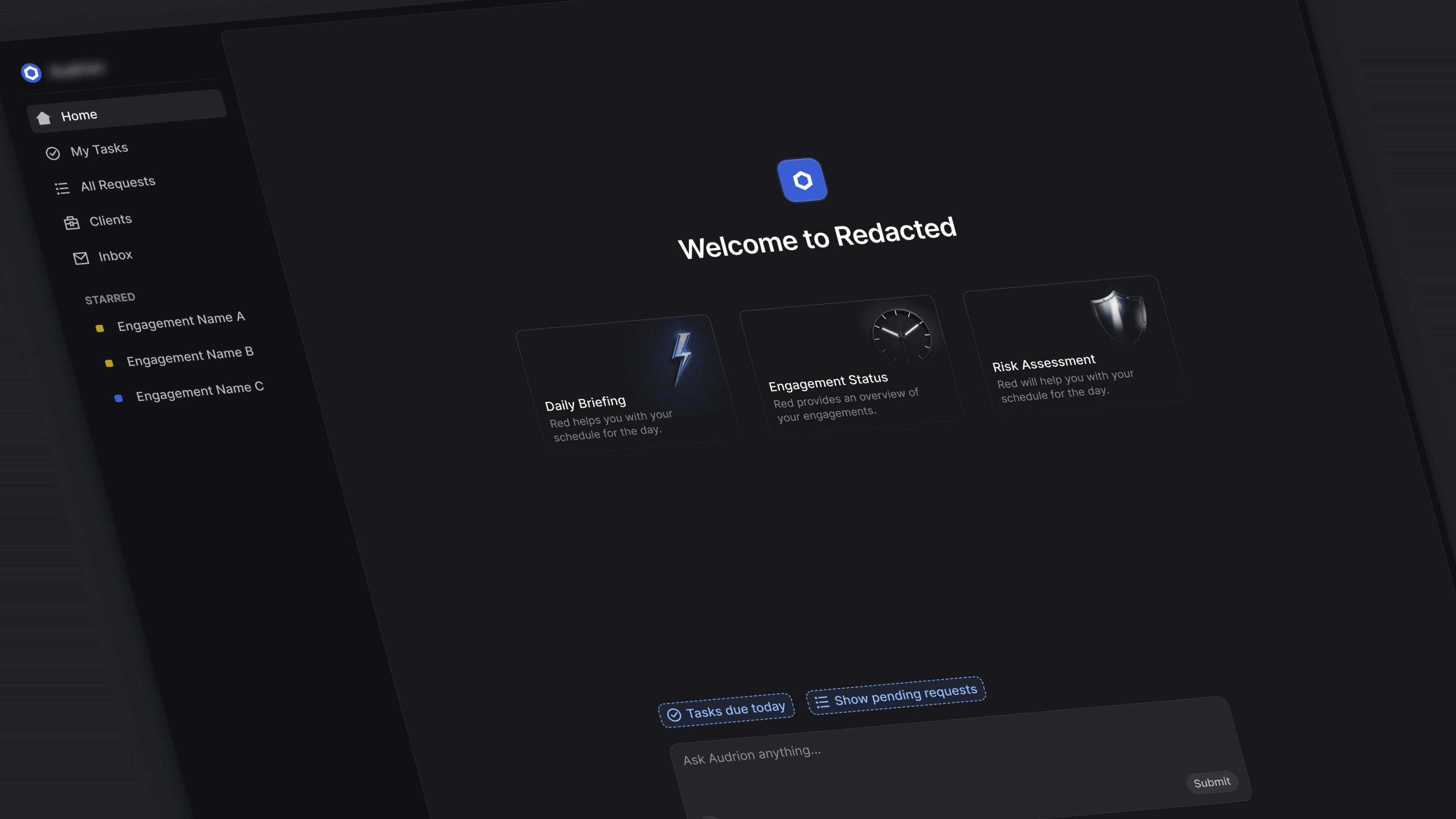 The Audrion auditor portal home in dark, with daily briefing, engagement status and risk assessment cards above the assistant.