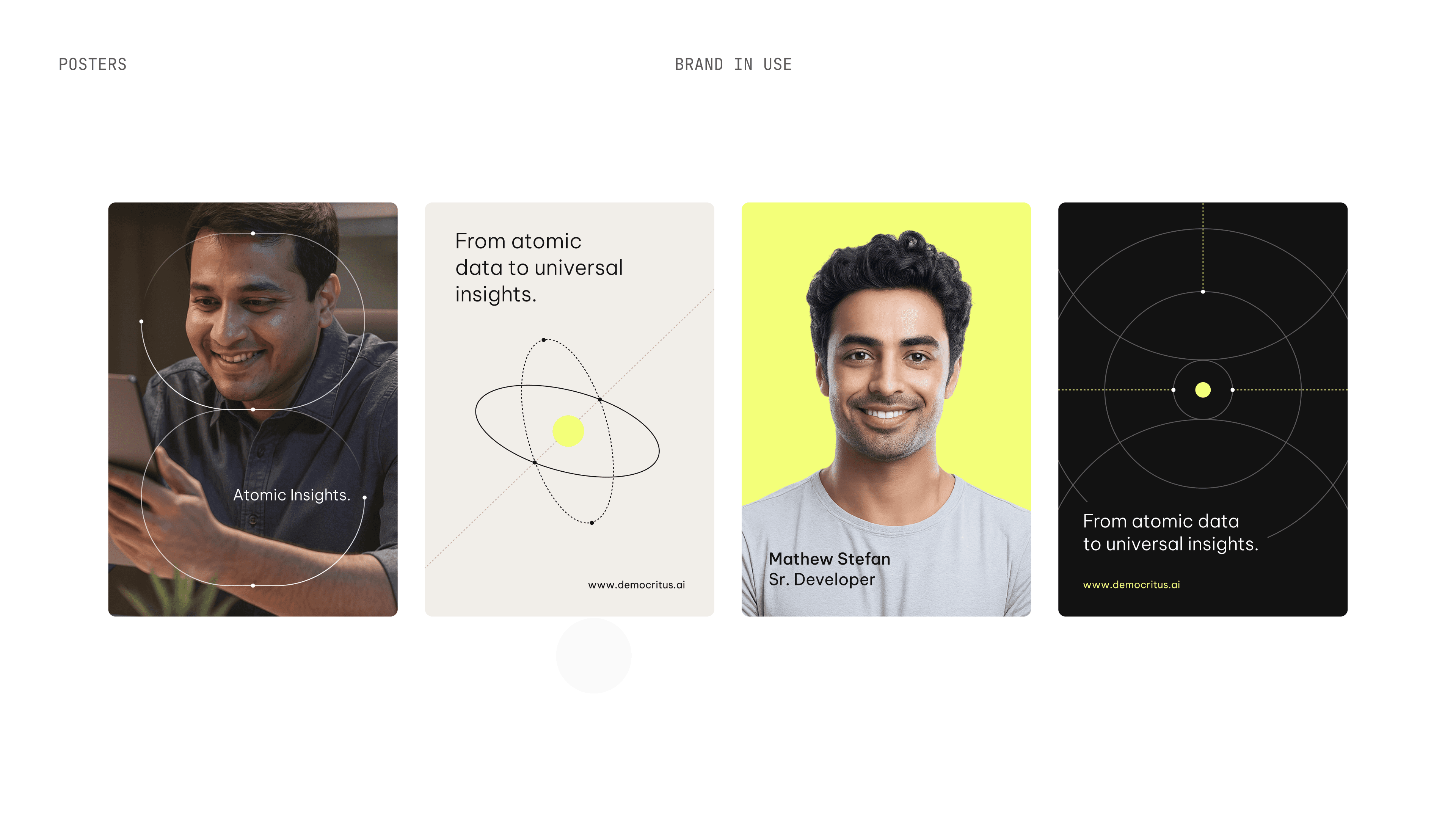 Democritus brand in use across four posters, mixing photography, the orbit mark and the lime accent.