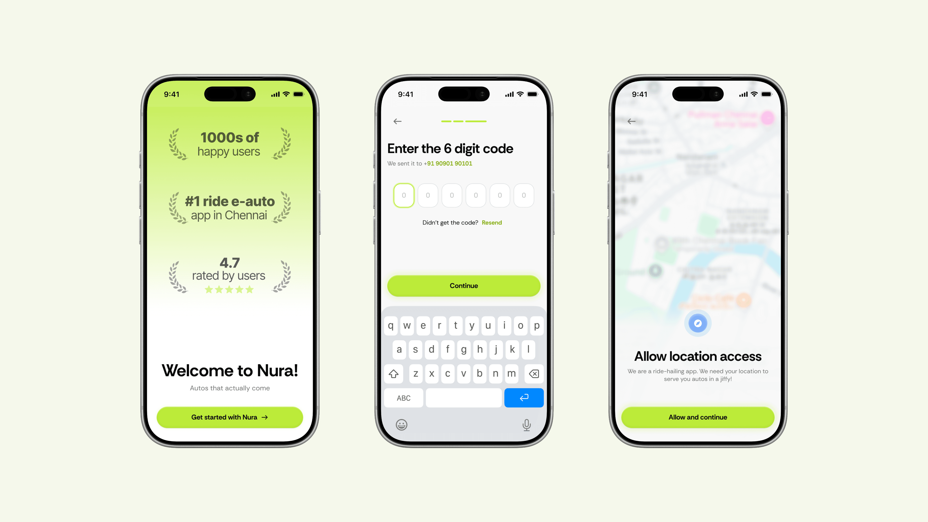 Nura onboarding: the welcome screen, phone verification, and the location permission ask.