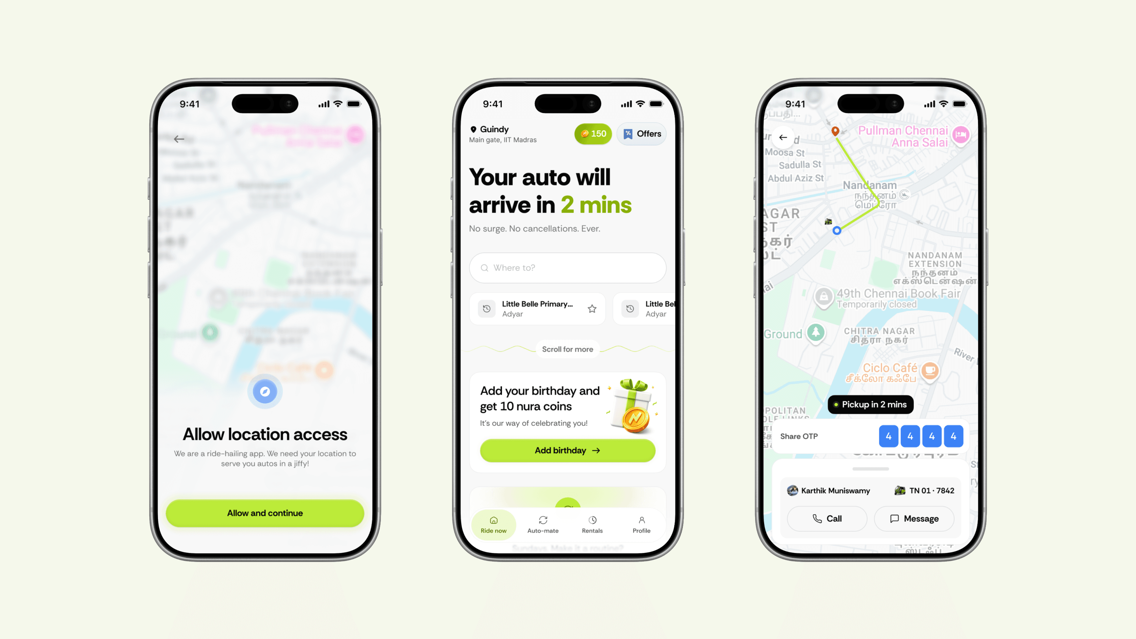 Nura ride flow: the home screen with an auto two minutes away, and the live map with the driver and share code.