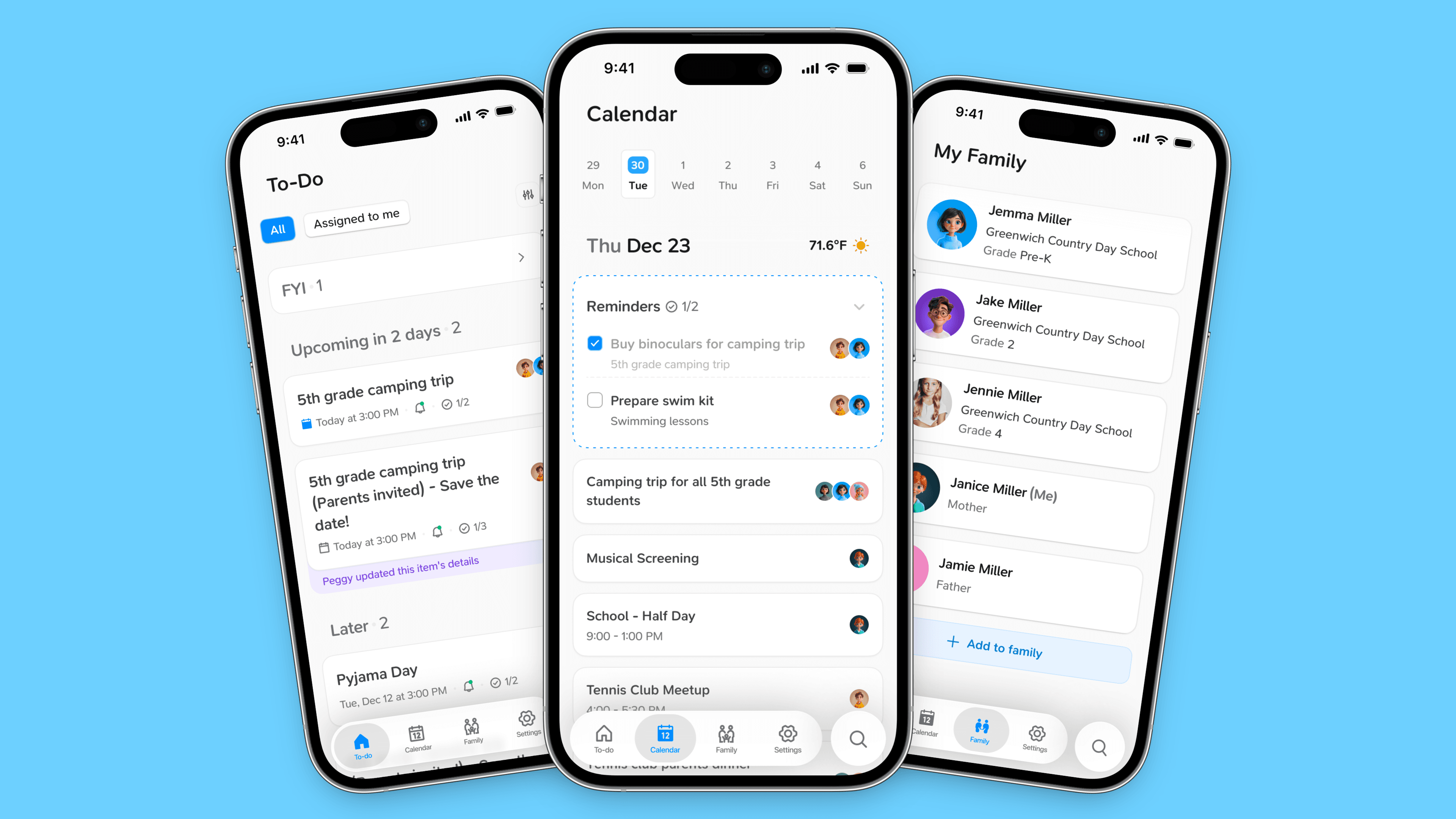 Three Peggy screens on blue: the to-do list, the family calendar, and the family profile with each child's school and grade.