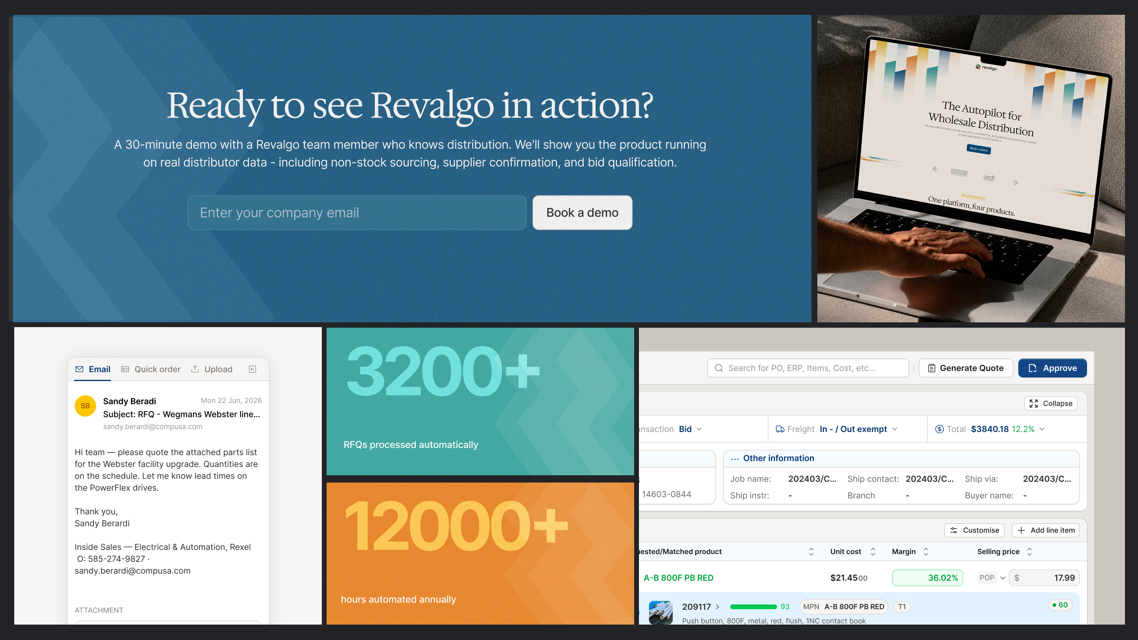 The Revalgo marketing site and product together — a demo booking panel, the RFQ inbox, and the quote screen with margin and pricing.
