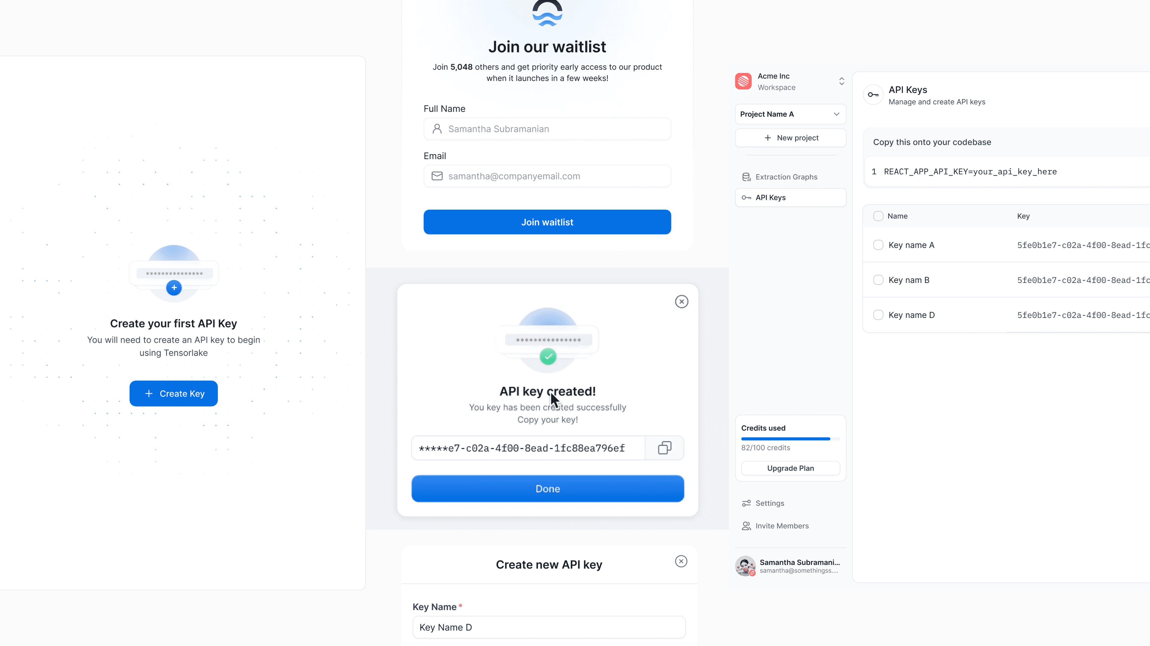 Tensorlake screens: the waitlist form, creating a first API key, and the key management dashboard.