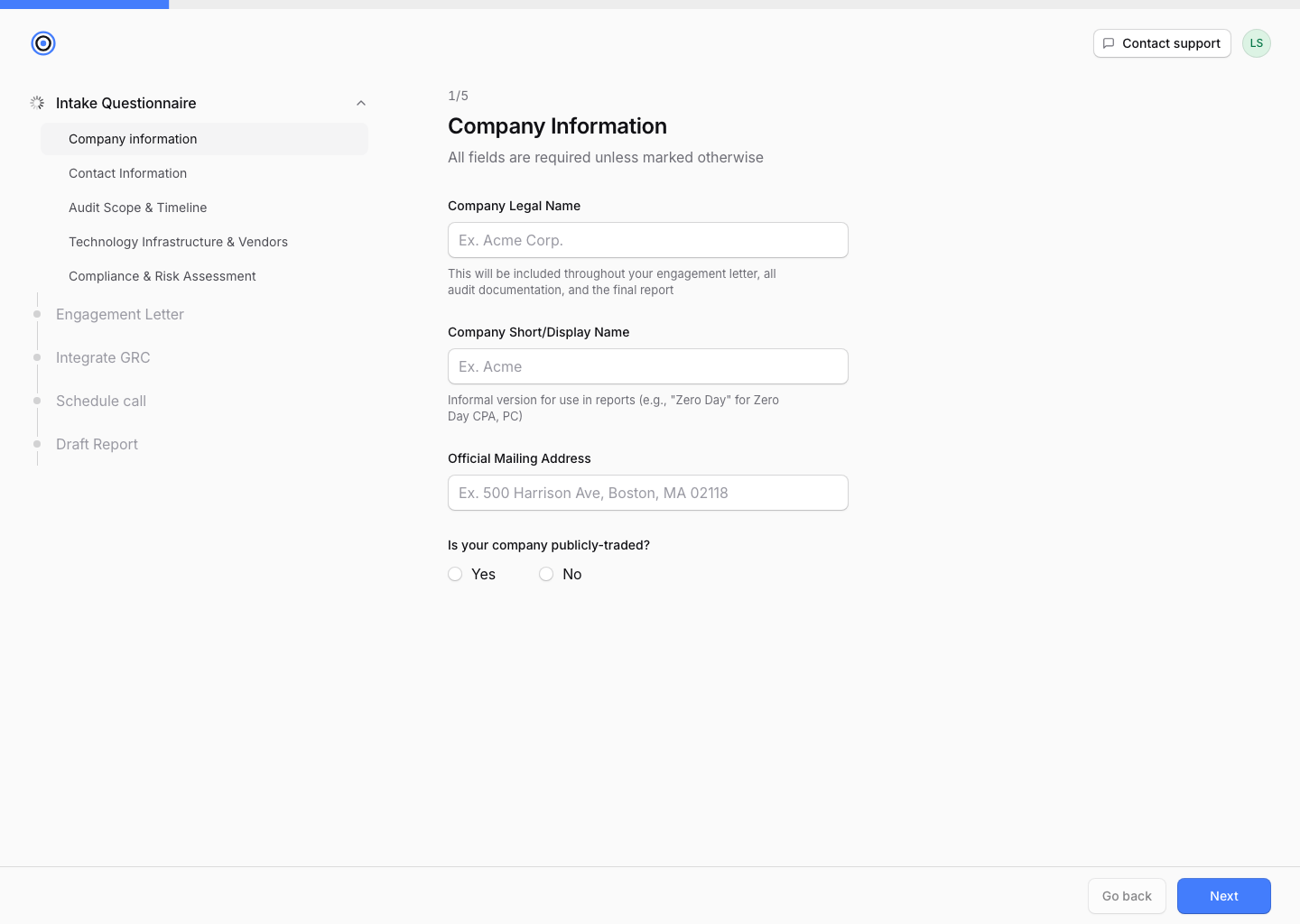 Audrion client portal prototype: Intake
